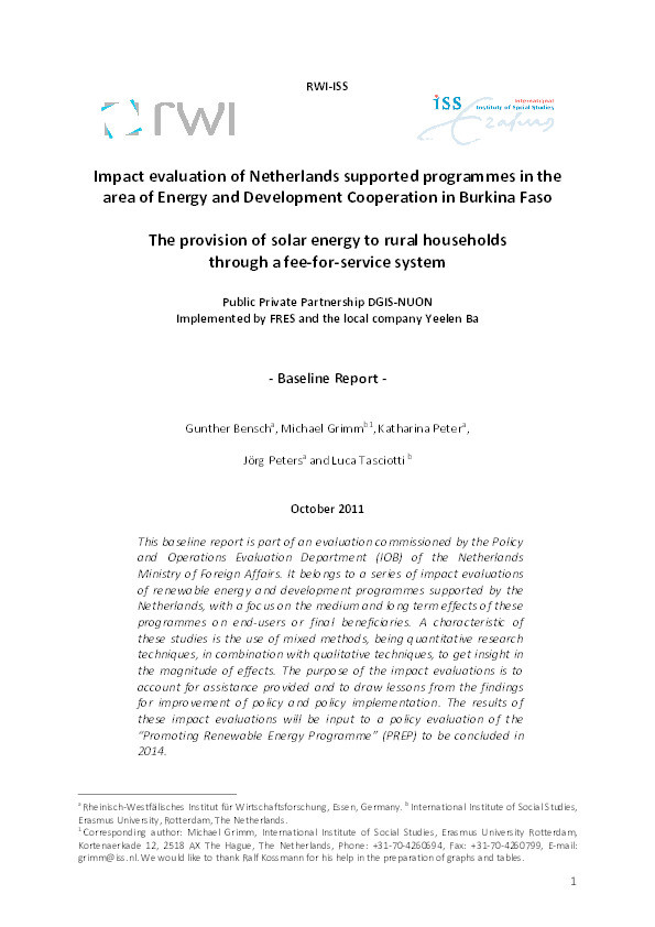 Impact evaluation of Netherlands supported programmes in the area of Energy and Development Cooperation in Burkina Faso. The provision of solar energy to rural households through a fee-for-service system. Baseline Report Thumbnail