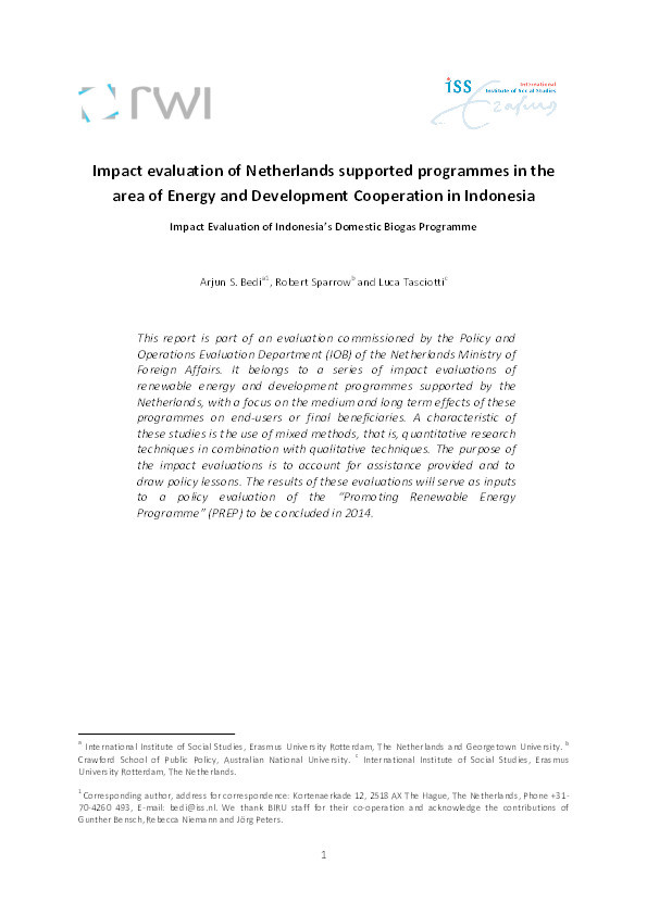 Impact evaluation of Netherlands supported programmes in the area of Energy and Development Cooperation in Indonesia. Impact Evaluation of Indonesia’s Domestic Biogas Programme Thumbnail