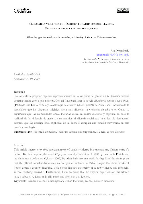 Silenciar la violencia de género en el patriarcado socialista. Una mirada hacia la literatura cubana Thumbnail