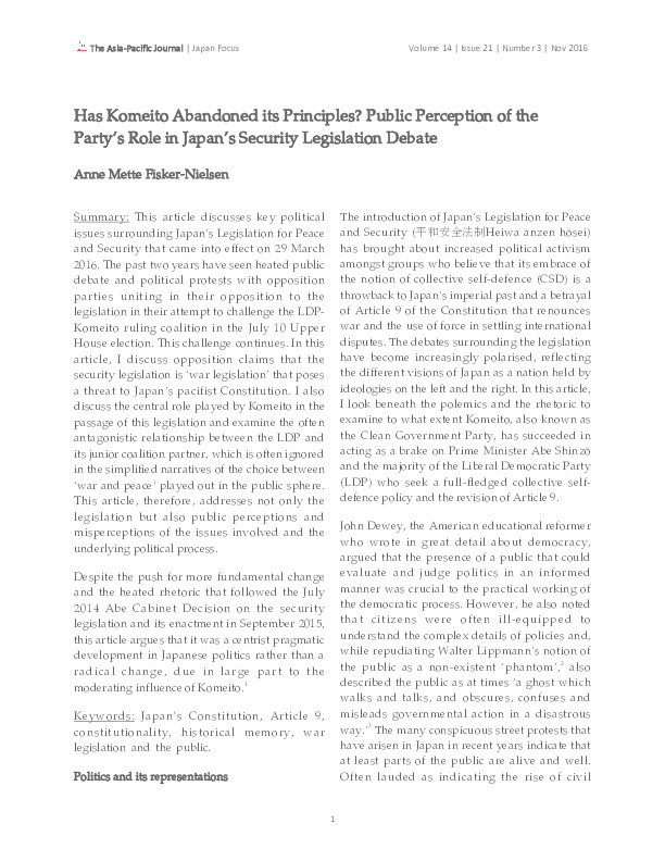 Has Komeito Abandoned its Principles? Public Perception of the Party’s Role in Japan’s Security Legislation Debate Thumbnail