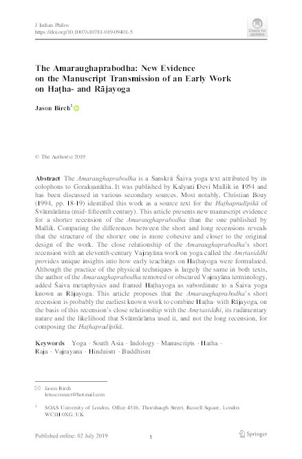 The Amaraughaprabodha: New Evidence on the Manuscript Transmission of an Early Work on Haṭha- and Rājayoga Thumbnail