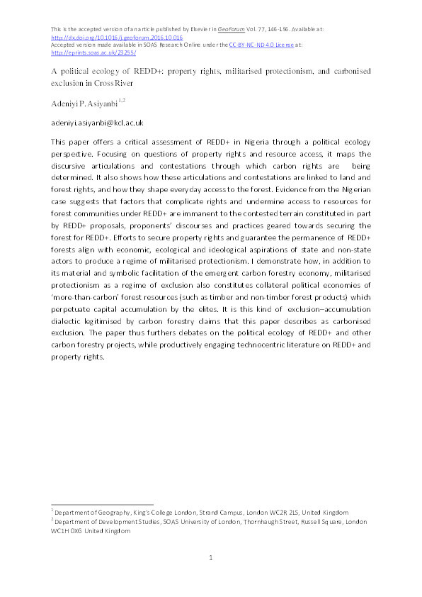 A political ecology of REDD+: property rights, militarised protectionism, and carbonised exclusion in Cross River Thumbnail