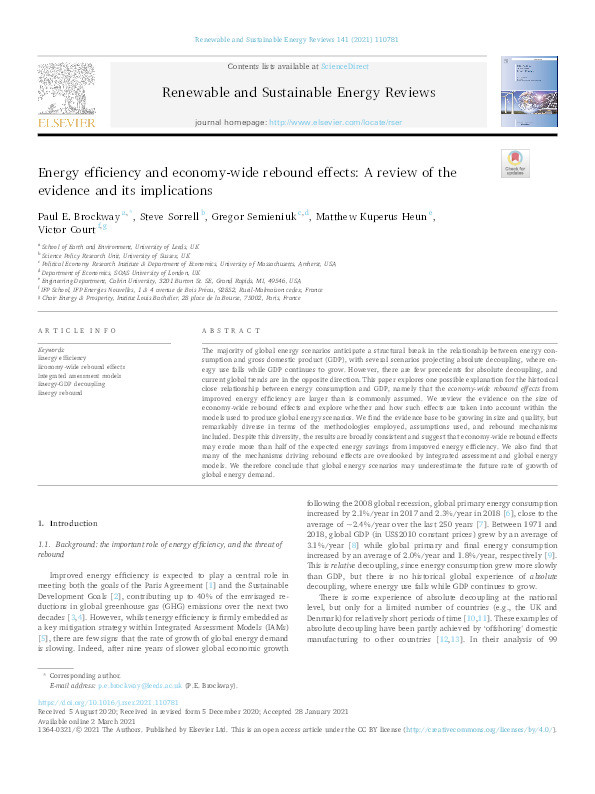 Energy efficiency and economy-wide rebound effects: A review of the evidence and its implications Thumbnail