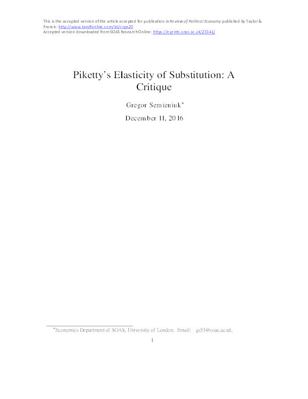 Piketty's Elasticity of Substitution: A Critique Thumbnail