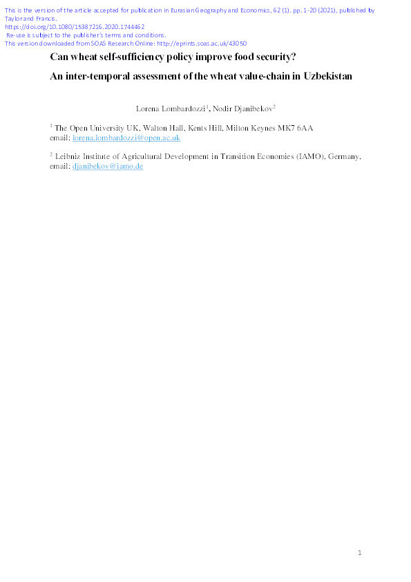 Can self-sufficiency policy improve food security? An inter-temporal assessment of the wheat value-chain in Uzbekistan. Thumbnail