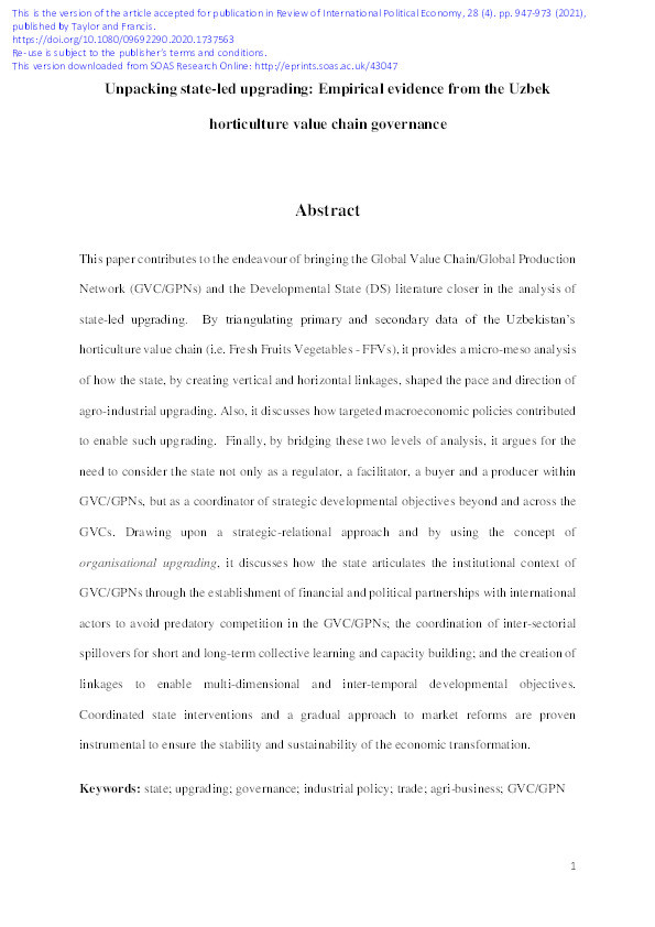 Unpacking state-led upgrading: empirical evidencefrom Uzbek horticulture value chain governance Thumbnail