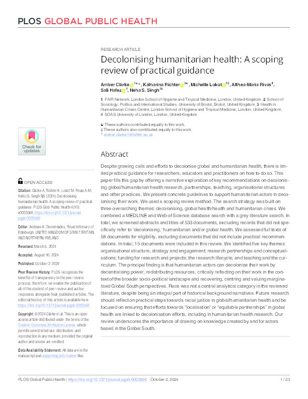 Decolonising humanitarian health: A scoping review of practical guidance Thumbnail