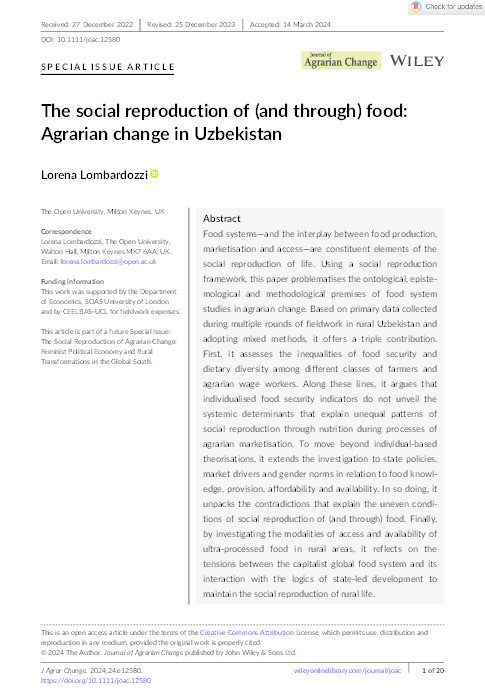 The social reproduction of (and through) food: Agrarian change in Uzbekistan Thumbnail