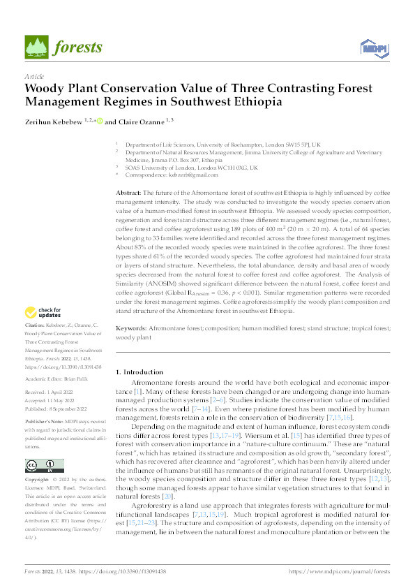 Woody Plant Conservation Value of Three Contrasting Forest Management Regimes in Southwest Ethiopia Thumbnail