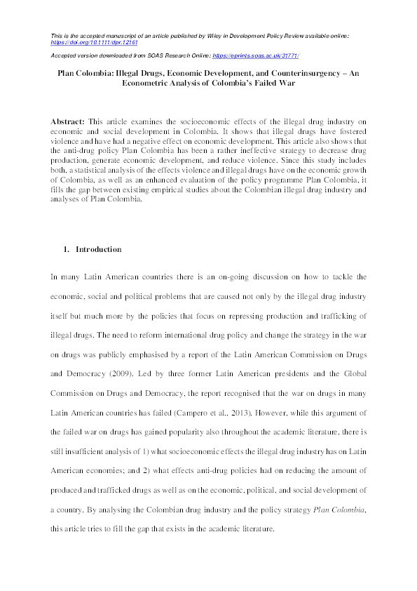 Plan Colombia: illegal drugs, economic development and counterinsurgency - a political economy analysis of Colombia's failed war Thumbnail