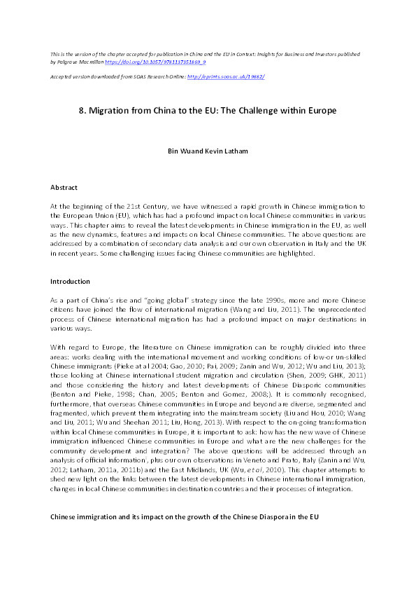 Migration from China to the EU: The Challenge within Europe Thumbnail