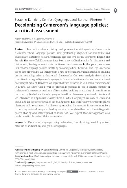 Decolonizing Cameroon's language policies: a critical assessment Thumbnail