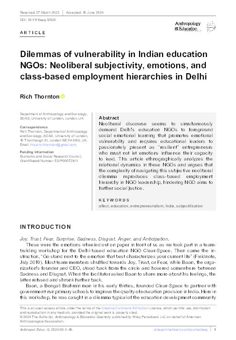 Dilemmas of vulnerability in Indian education NGOs: Neoliberal subjectivity, emotions, and class‐based employment hierarchies in Delhi Thumbnail