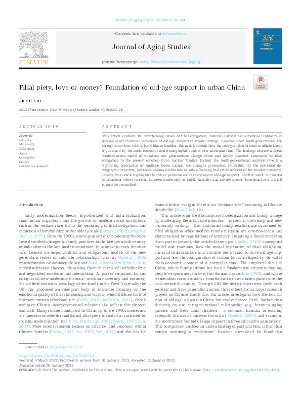 Filial piety, love or money? Foundation of old-age support in urban China Thumbnail