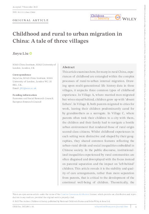 Childhood and rural to urban migration in China: A tale of three villages Thumbnail