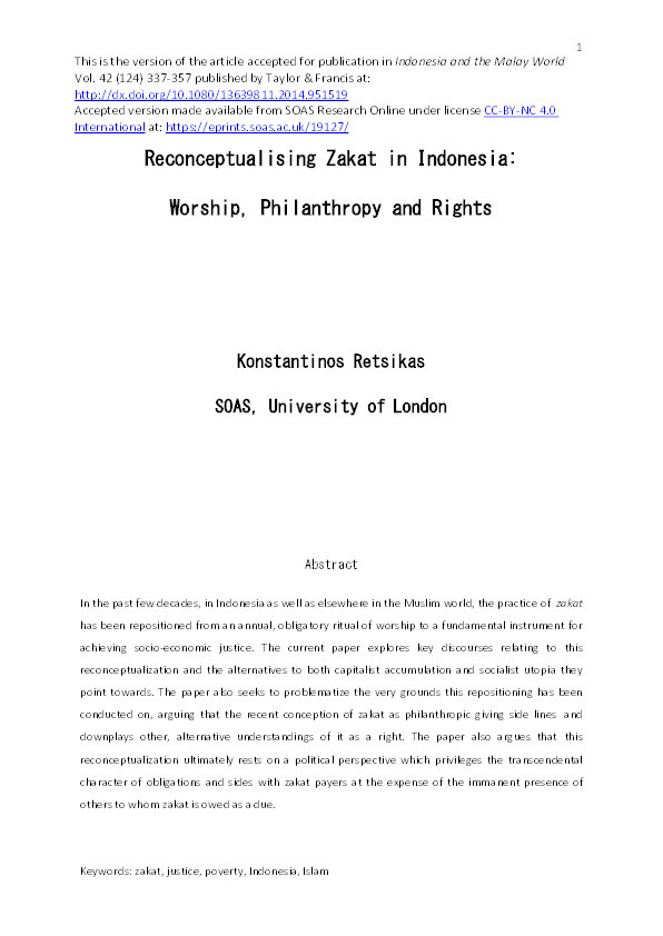 Reconceptualising zakat in Indonesia: Worship, philanthropy and rights Thumbnail