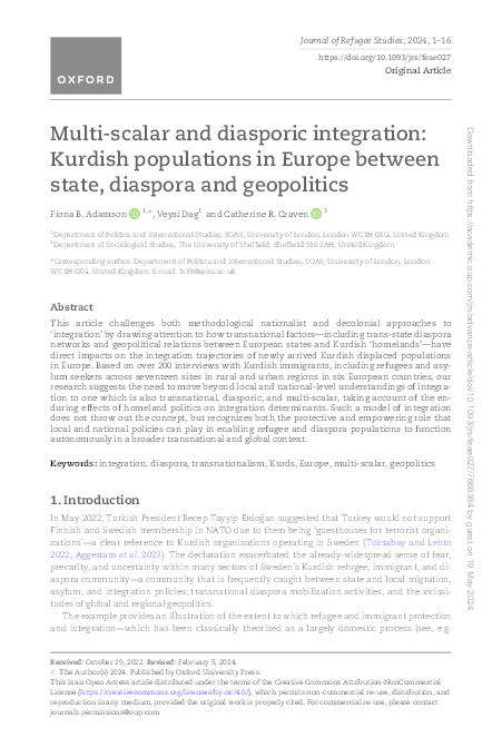 Multi-scalar and diasporic integration: Kurdish populations in Europe between state, diaspora and geopolitics Thumbnail