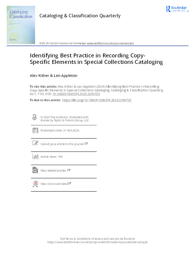 Identifying Best Practice in Recording Copy-Specific Elements in Special Collections Cataloging Thumbnail