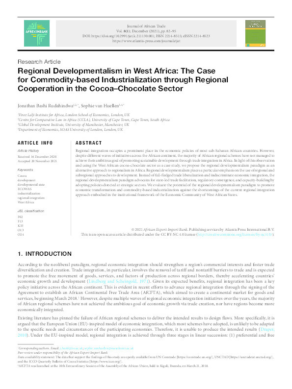 Regional Developmentalism in West Africa: The Case for Commodity-based Industrialization through Regional Cooperation in the Cocoa–Chocolate Sector Thumbnail