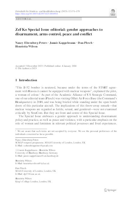 ZeFKo Special Issue editorial: gender approaches to disarmament, arms control, peace and conflict Thumbnail