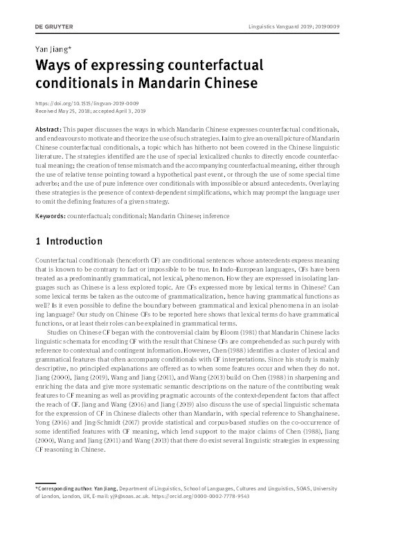 Ways for expressing counterfactual conditionals in Mandarin Chinese Thumbnail
