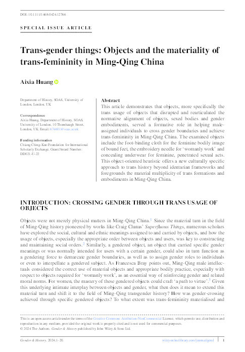 Trans‐gender things: Objects and the materiality of trans‐femininity in Ming‐Qing China Thumbnail
