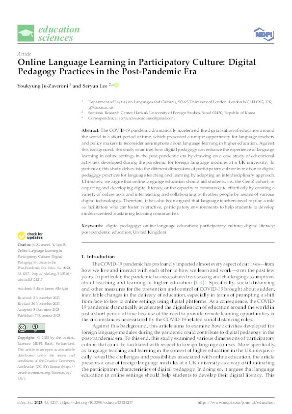 Online Language Learning in Participatory Culture: Digital Pedagogy Practices in the Post-Pandemic Era Thumbnail