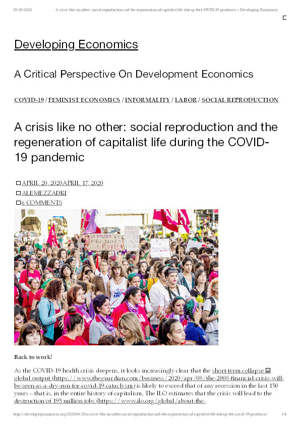 A crisis like no other: social reproduction and the regeneration of capitalist life during the COVID-19 pandemic Thumbnail
