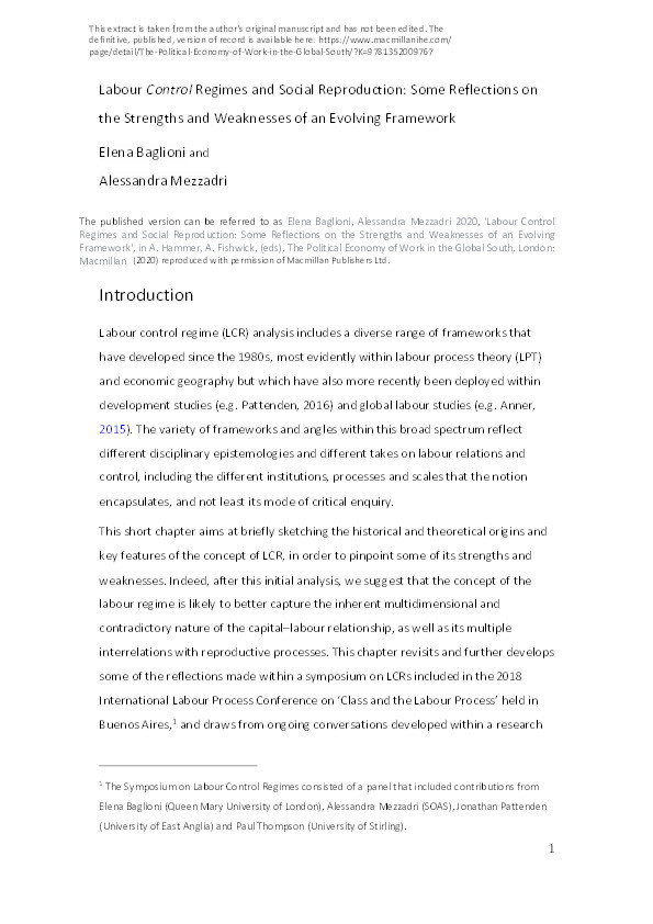 Labour Control Regimes and Social Reproduction: Some Reflections on the Strengths and Weaknesses of an Evolving Framework Thumbnail