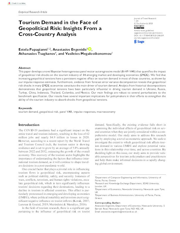 Tourism Demand in the Face of Geopolitical Risk: Insights From a Cross-Country Analysis Thumbnail