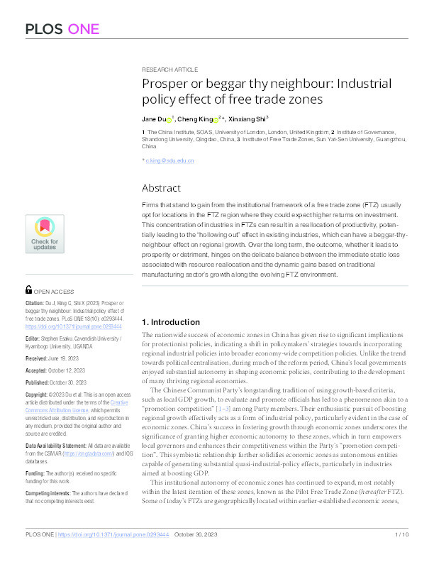 Prosper or beggar thy neighbour: Industrial policy effect of free trade zones Thumbnail
