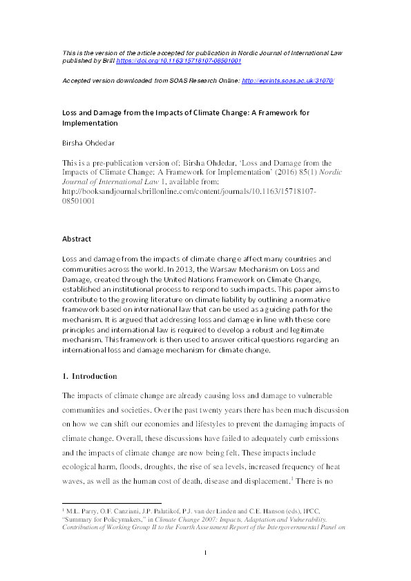 Loss and Damage from the Impacts of Climate Change: A Framework for Implementation Thumbnail