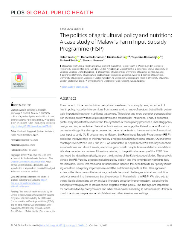 The politics of agricultural policy and nutrition: A case study of Malawi’s Farm Input Subsidy Programme (FISP) Thumbnail
