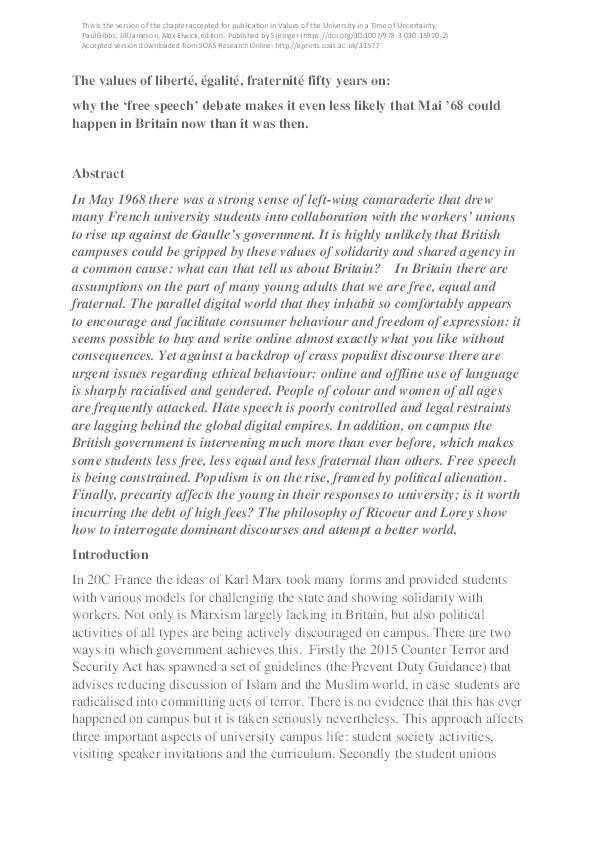 The values of liberté, égalité, fraternité fifty years on: why the 'free speech' debate makes it even less likely that Mai '68 could happen in Britain now than it was then Thumbnail