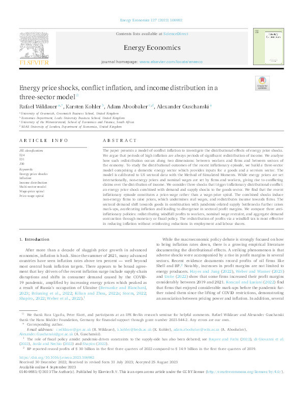 Energy price shocks, conflict inflation, and income distribution in a three-sector model Thumbnail