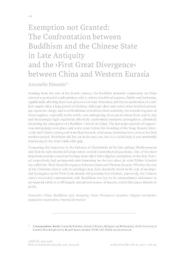 Exemption not Granted: The Confrontation between Buddhism and the Chinese State in Late Antiquity and the ‘First Great Divergence’ between China and Western Eurasia Thumbnail