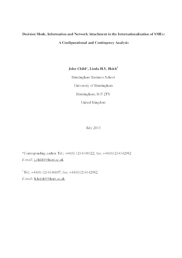 Decision mode, information and network attachment in the internationalization of SMEs: A configurational and contingency analysis Thumbnail