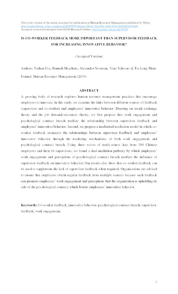 Is Co-Worker Feedback More Important than Supervisor Feedback for Increasing Innovative Behavior? Thumbnail