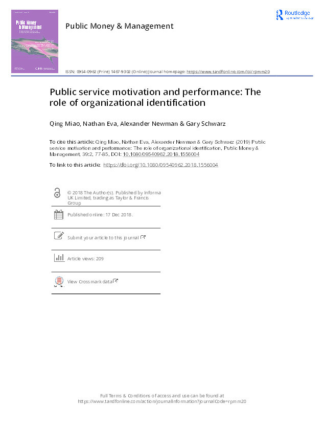 Public Service Motivation and Performance: The Role of Organizational Identification Thumbnail
