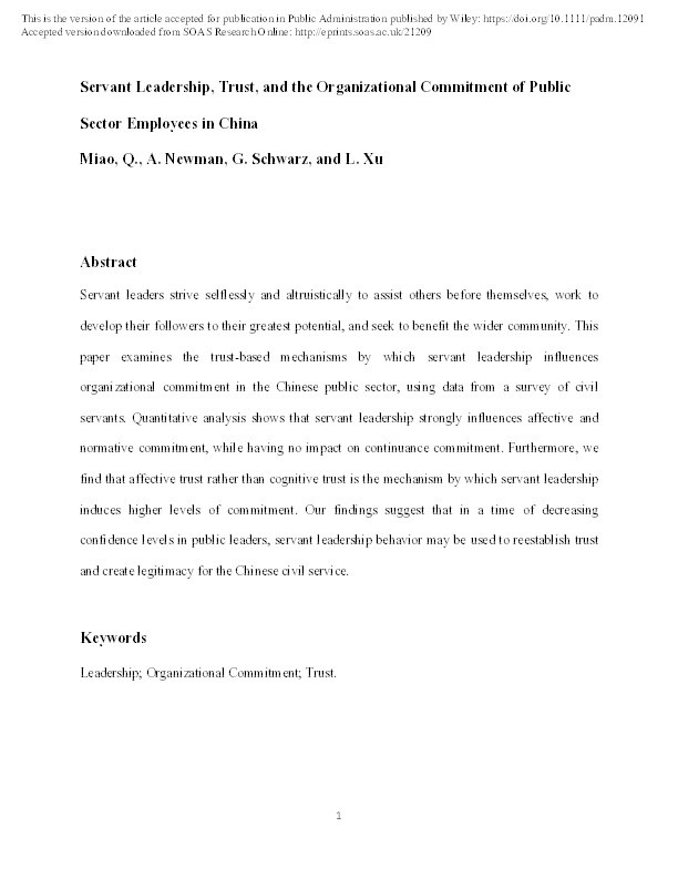Servant Leadership, Trust, and the Organizational Commitment of Public Sector Employees in China Thumbnail