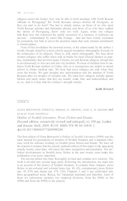 Review of "Elena Bertoncini Zúbková, Mikhail D. Gromov, Said A. M. Khamis and Kyallo Wadi Wamitila: Outline of Swahili Literature. Prose Fiction and Drama". Thumbnail