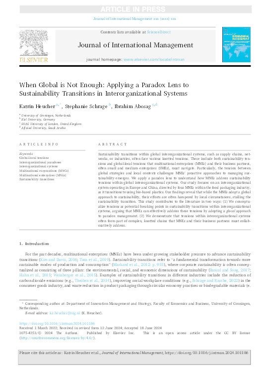 When Global is Not Enough: Applying a Paradox Lens to Sustainability Transitions in Interorganizational Systems Thumbnail