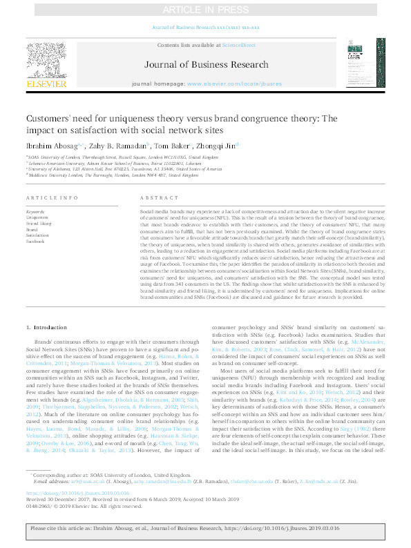 Customers' need for uniqueness theory versus brand congruence theory: The impact on satisfaction with social network sites Thumbnail