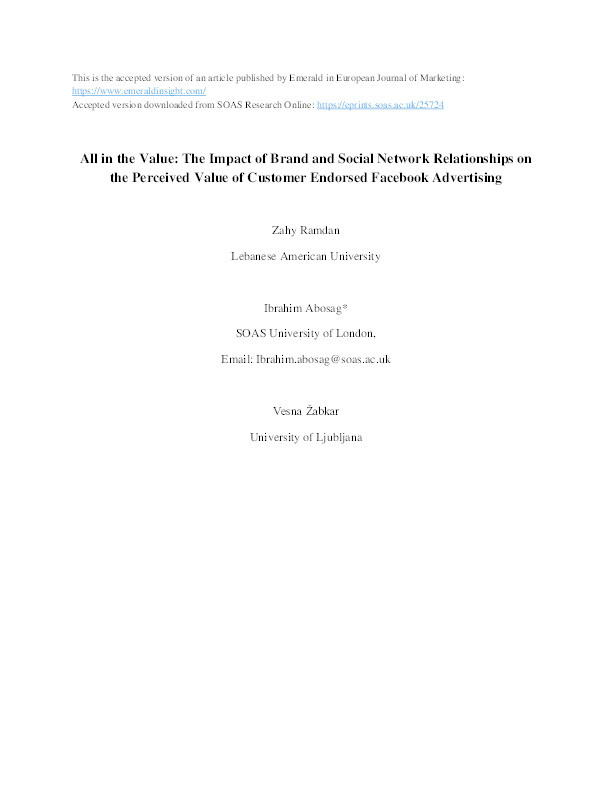 All in the Value: The Impact of Brand and Social Network Relationships on the Perceived Value of Customer Endorsed Facebook Advertising Thumbnail