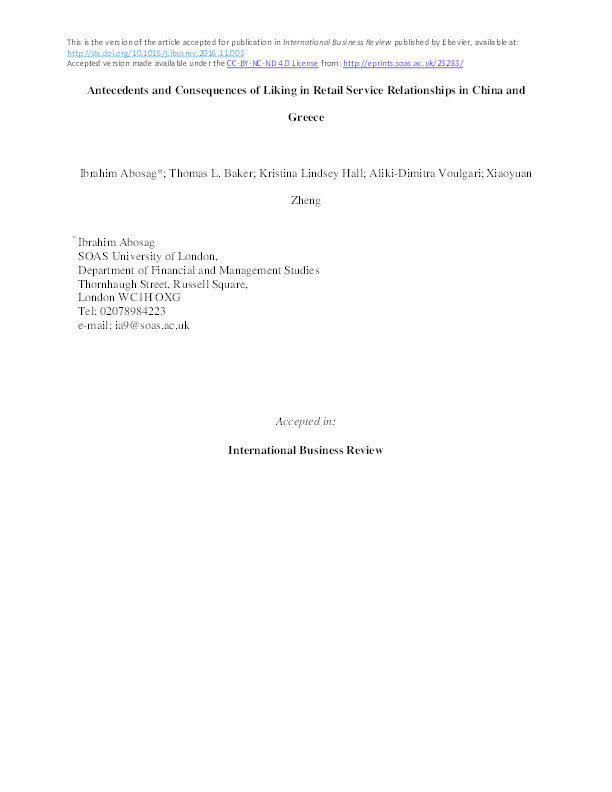 Antecedents and Consequences of Liking in Retail Service Relationships in China and Greece Thumbnail