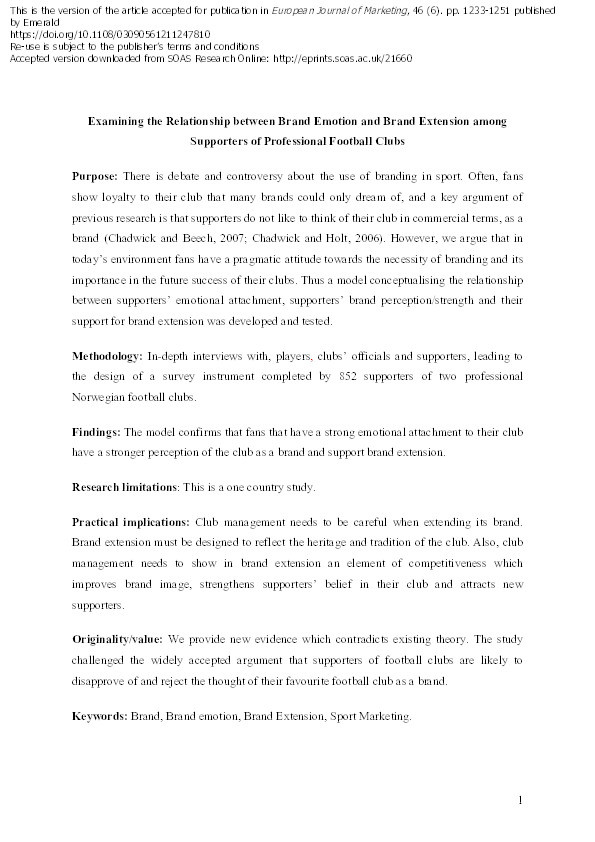 Examining the Relationship between Brand Emotion and Brand Extension among Supporters of Professional Football Clubs Thumbnail