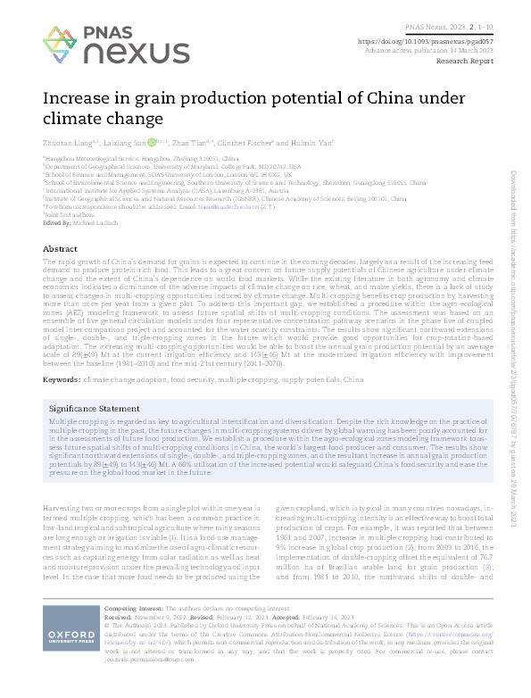 Increase in grain production potential of China under climate change Thumbnail