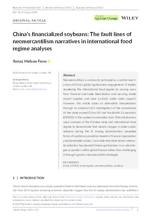 China's financialized soybeans: The fault lines of neomercantilism narratives in international food regime analyses Thumbnail