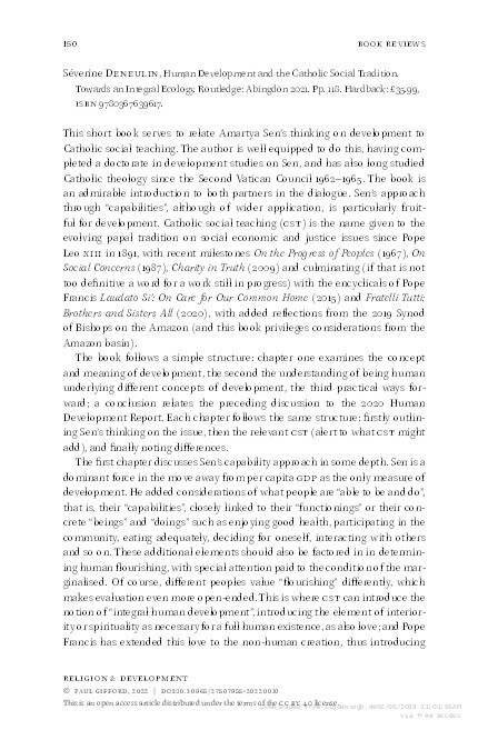 Review of: Human Development and the Catholic Social Tradition. Towards an Integral Ecology, written by Séverine Deneulin Thumbnail
