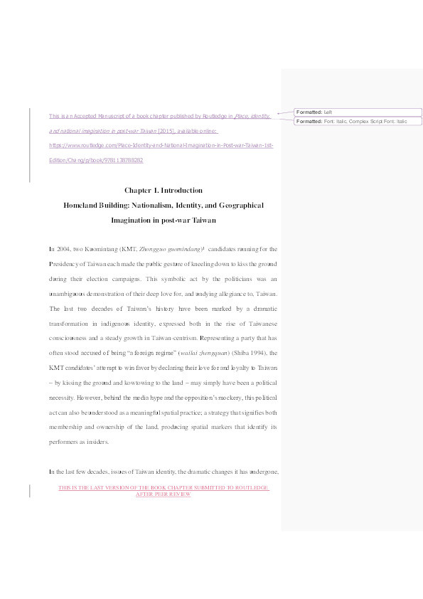 Place, Identity, and National Imagination in Post-war Taiwan. Thumbnail